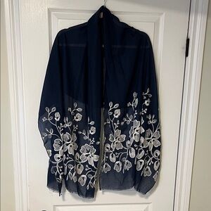 Navy Floral Embroidered Open Front Women's Jacket